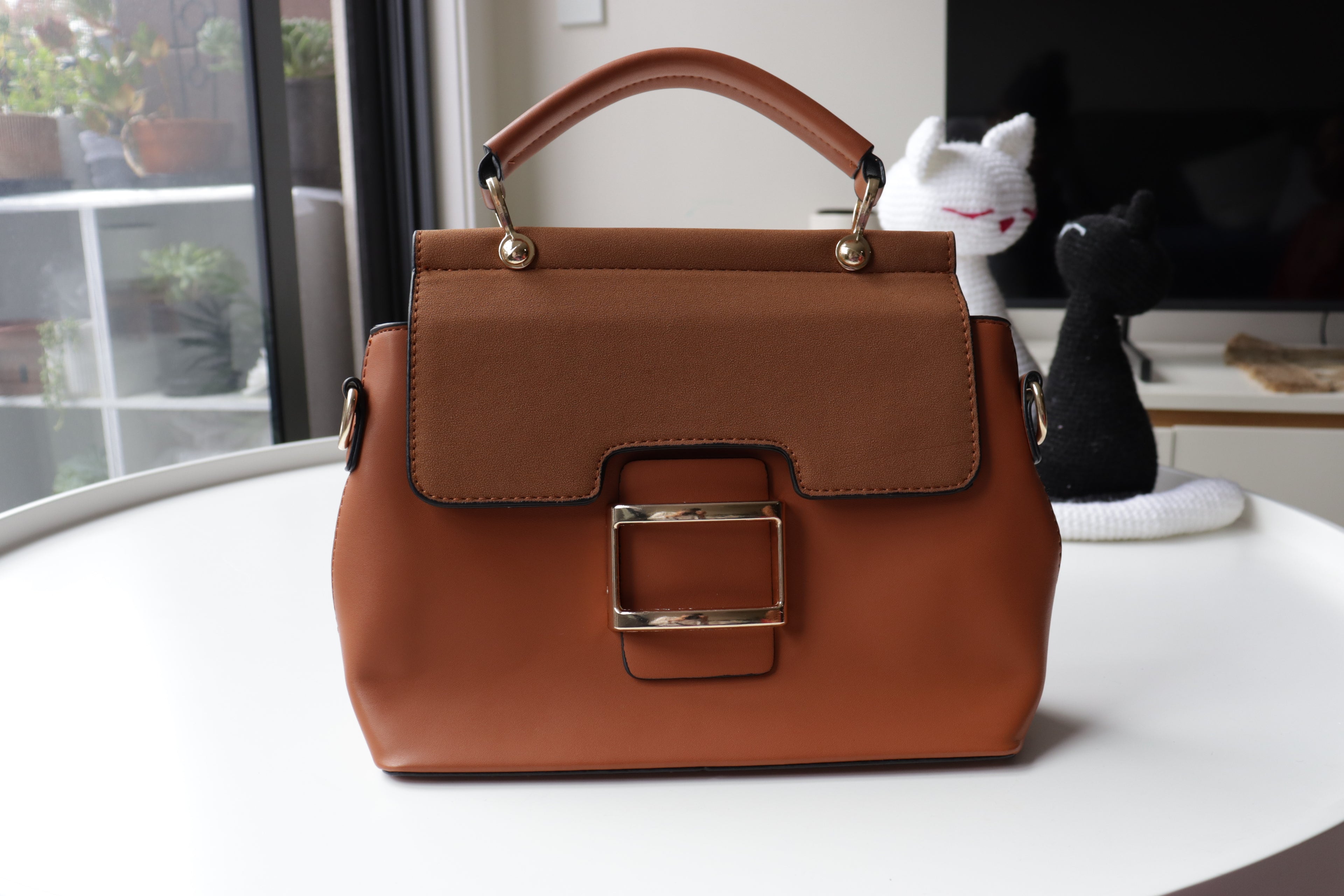 Elegant Buckle Top-Handle Bag – Black, Brown & Khaki